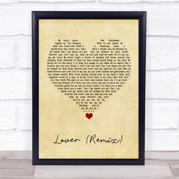 Taylor Swift feat Shawn Mendes Lover (Remix) Vintage Heart Song Lyric Quote Music Print