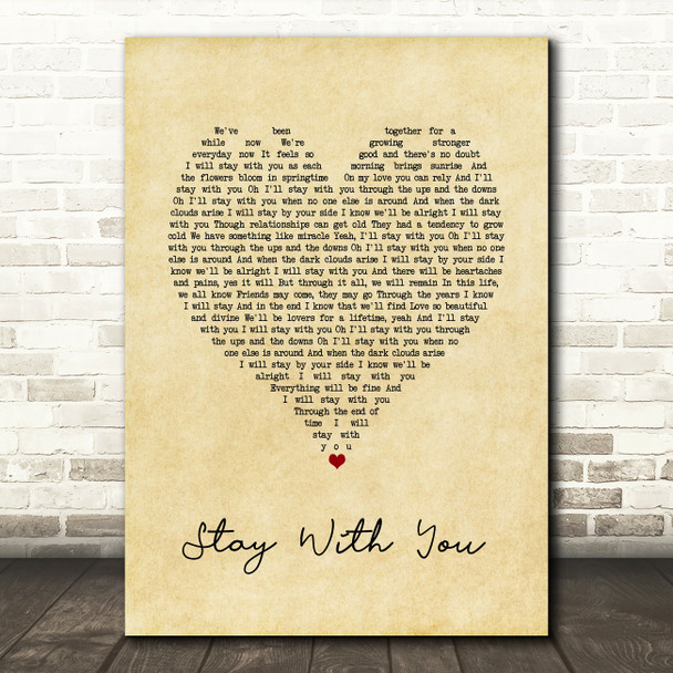 John Legend Stay With You Vintage Heart Song Lyric Quote Music Print