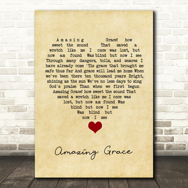 POONAM Amazing Grace Vintage Heart Song Lyric Quote Music Print