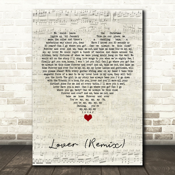 Taylor Swift feat Shawn Mendes Lover (Remix) Script Heart Song Lyric Quote Music Print