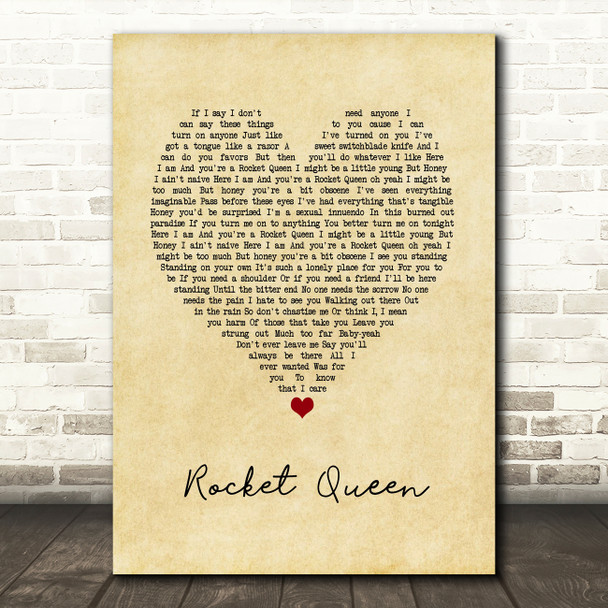 Guns N' Roses Rocket Queen Vintage Heart Song Lyric Quote Music Print