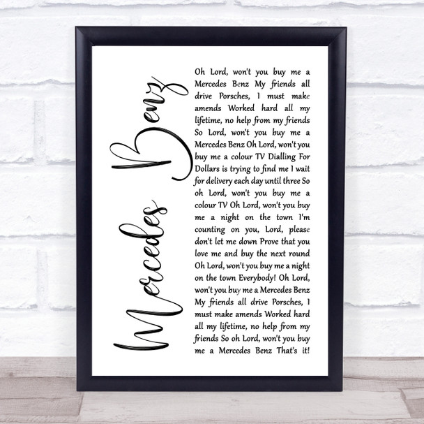 Janis Joplin Mercedes Benz White Script Song Lyric Quote Music Print