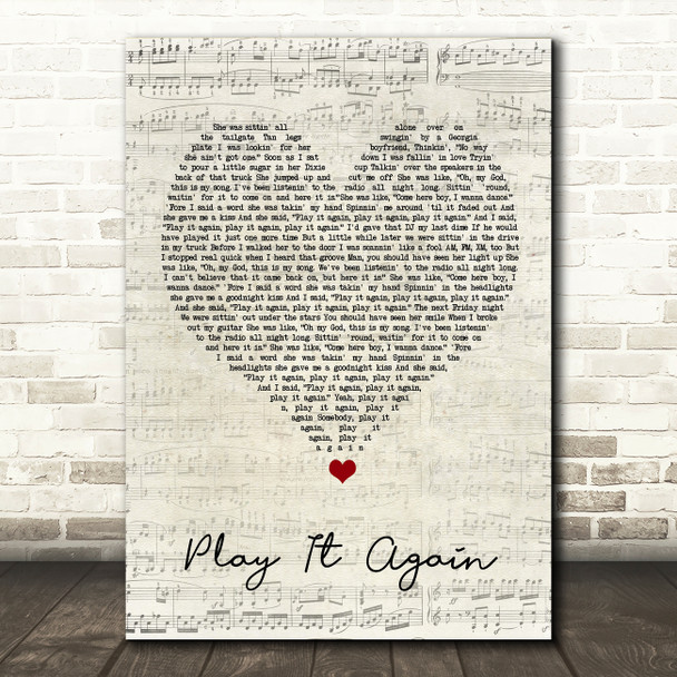 Luke Bryan Play It Again Script Heart Song Lyric Quote Music Print