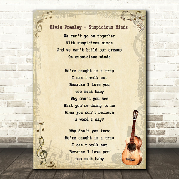 Elvis Presley Suspicious Minds Song Lyric Vintage Quote Print