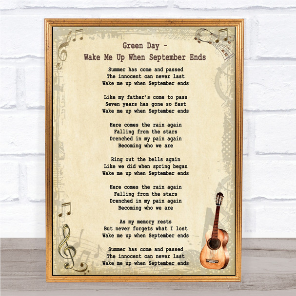 Green Day Wake Me Up When September Ends Song Lyric Vintage Quote Print