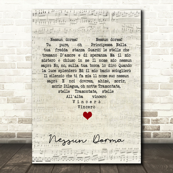 Luciano Pavarotti Nessun Dorma Script Heart Song Lyric Quote Music Print