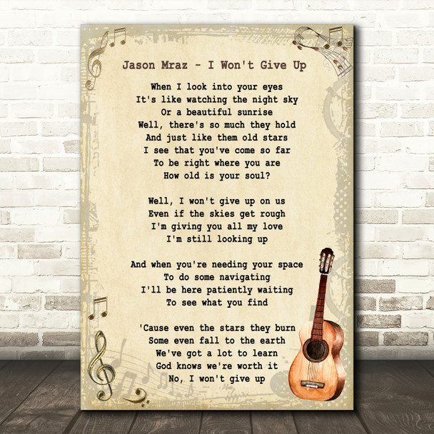 Jason Mraz I Won't Give Up Song Lyric Vintage Quote Print