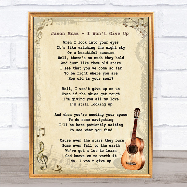 Jason Mraz I Won't Give Up Song Lyric Vintage Quote Print