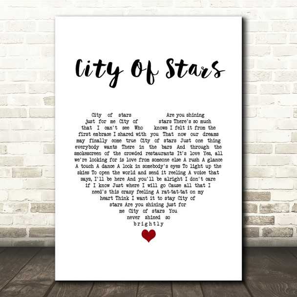 La La Land Cast City Of Stars White Heart Song Lyric Quote Music Print