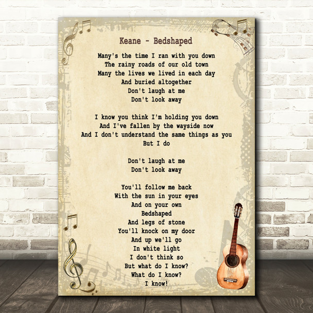 Keane Bedshaped Song Lyric Vintage Quote Print