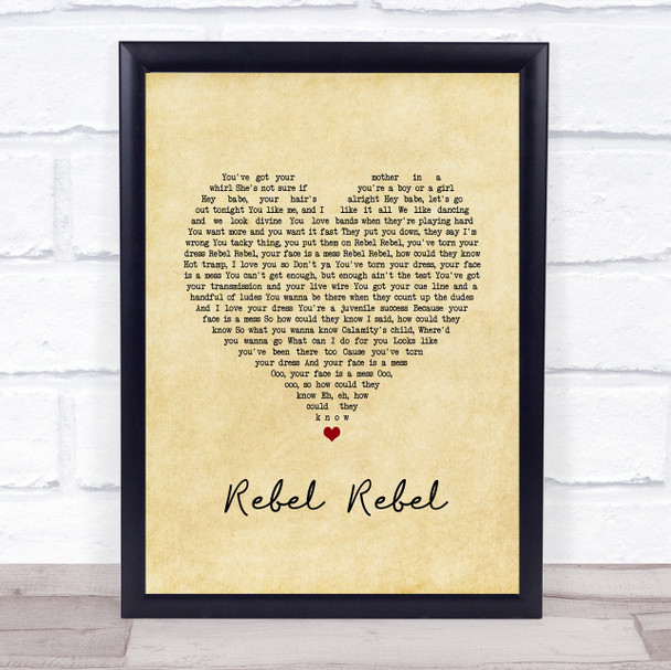 David Bowie Rebel Rebel Vintage Heart Song Lyric Quote Music Print