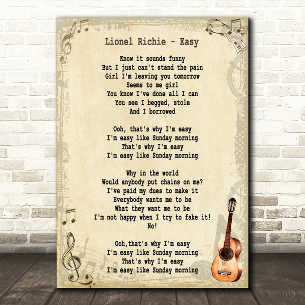 Lionel Richie Easy Song Lyric Vintage Quote Print