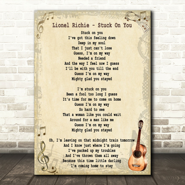 Lionel Richie Stuck On You Song Lyric Vintage Quote Print