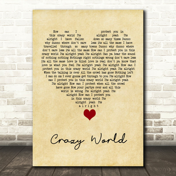 Aslan Crazy World Vintage Heart Song Lyric Quote Music Print