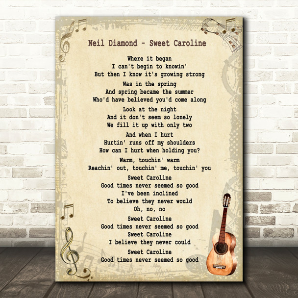 Neil Diamond Sweet Caroline Song Lyric Vintage Quote Print