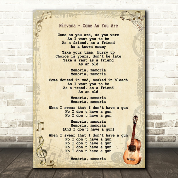 Nirvana Come As You Are Song Lyric Vintage Quote Print