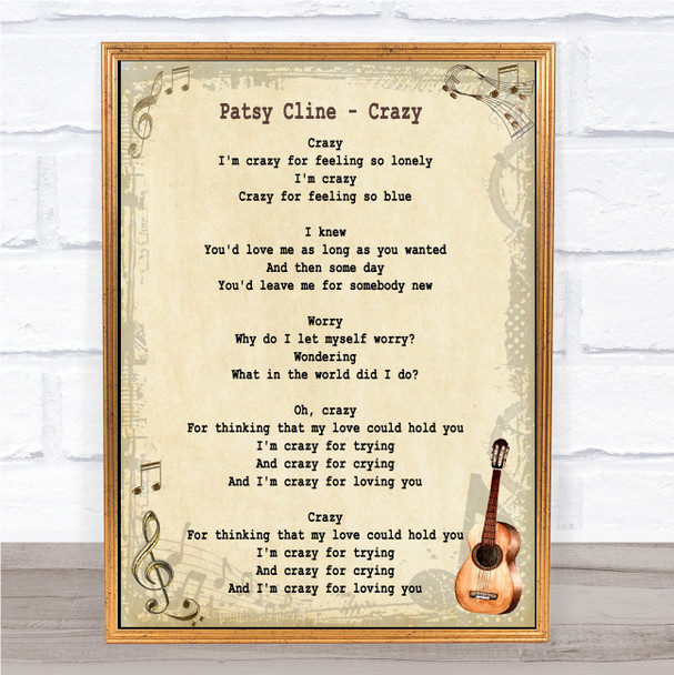 Patsy Cline Crazy Song Lyric Vintage Quote Print