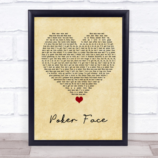 Lady Gaga Poker Face Vintage Heart Song Lyric Quote Music Print