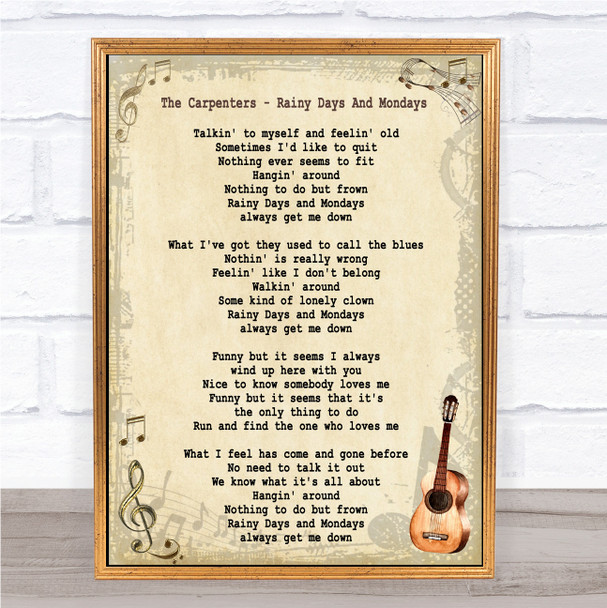 The Carpenters Rainy Days And Mondays Song Lyric Vintage Quote Print