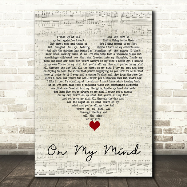 The Harringtons On My Mind Script Heart Song Lyric Quote Music Print