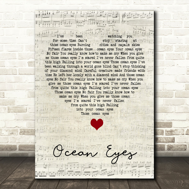 Billie Eilish Ocean Eyes Script Heart Song Lyric Quote Music Print