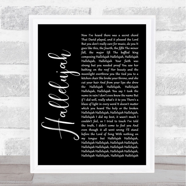 Leonard Cohen Hallelujah Black Script Song Lyric Quote Music Print