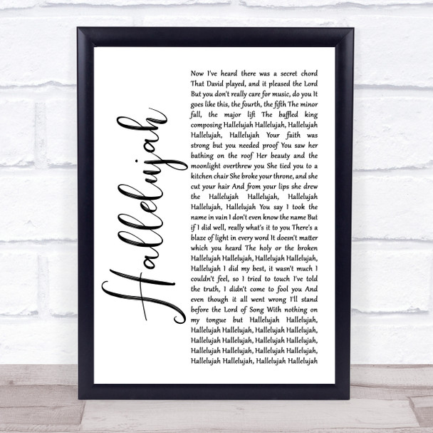 Leonard Cohen Hallelujah White Script Song Lyric Quote Music Print