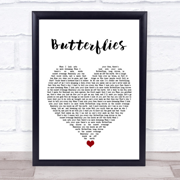 Lucy Spraggan Butterflies White Heart Song Lyric Quote Music Print