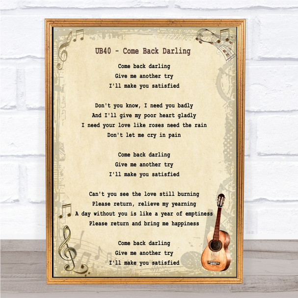 UB40 Come Back Darling Song Lyric Vintage Quote Print