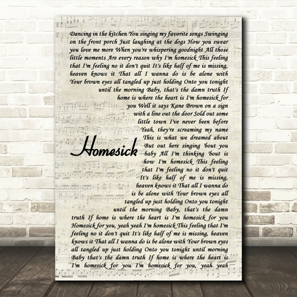 Kane Brown Homesick Vintage Script Song Lyric Quote Music Print