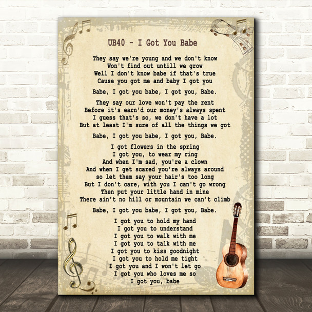UB40 I Got You Babe Song Lyric Vintage Quote Print