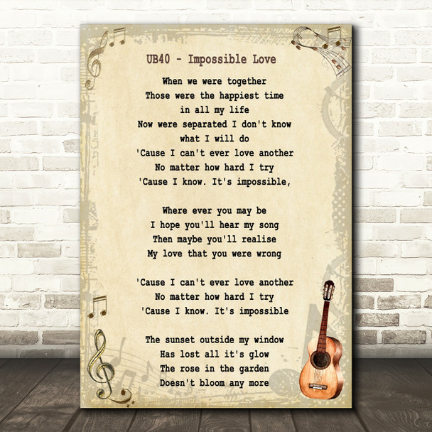 UB40 Impossible Love Song Lyric Vintage Quote Print