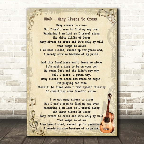 UB40 Many Rivers To Cross Song Lyric Vintage Quote Print