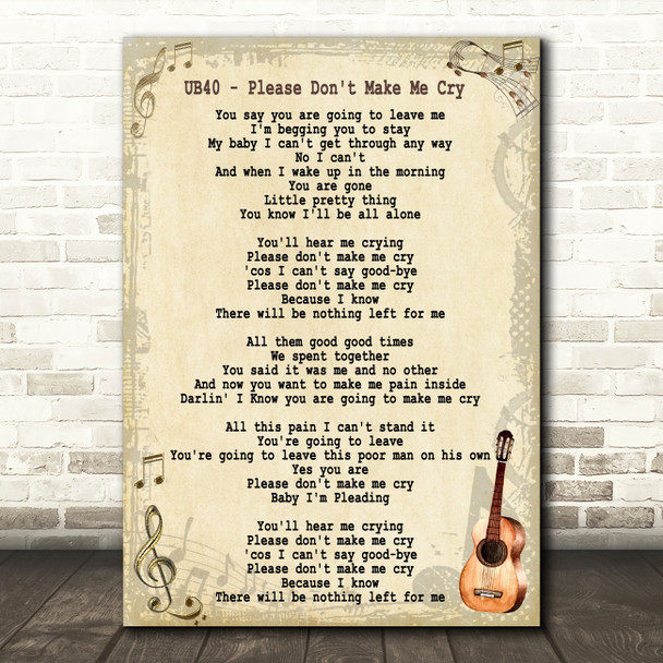 UB40 Please Don't Make Me Cry Song Lyric Vintage Quote Print