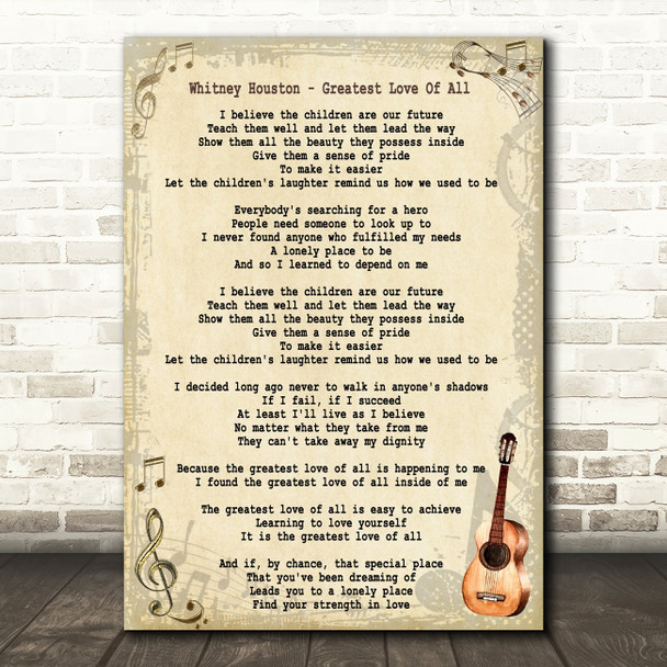 Whitney Houston Greatest Love Of All Song Lyric Vintage Quote Print