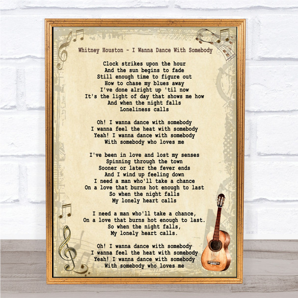 Whitney Houston I Wanna Dance With Somebody Song Lyric Vintage Quote Print