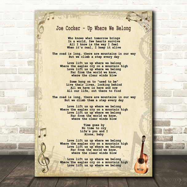 Joe Cocker - Up Where We Belong Song Lyric Guitar Quote Print