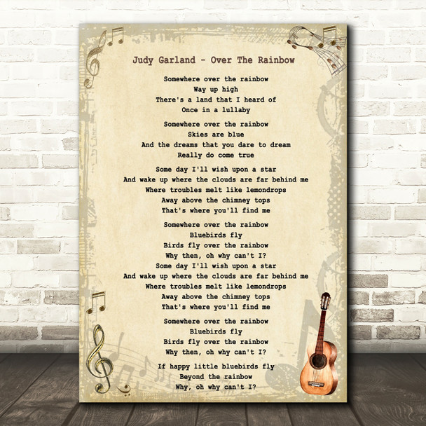 Judy Garland - Over The Rainbow Song Lyric Guitar Quote Print