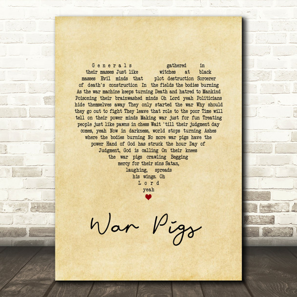 Black Sabbath War Pigs Vintage Heart Song Lyric Quote Music Print