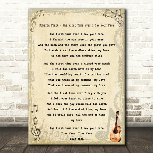 Roberta Flack - The First Time Ever I Saw Your Face Song Lyric Guitar Print