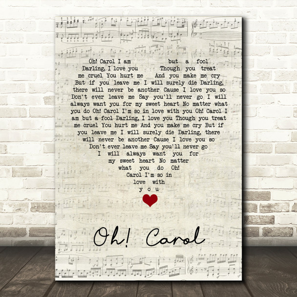 Neil Sedaka Oh! Carol Script Heart Song Lyric Quote Music Print