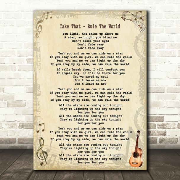 Take That - Rule The World Song Lyric Guitar Quote Print