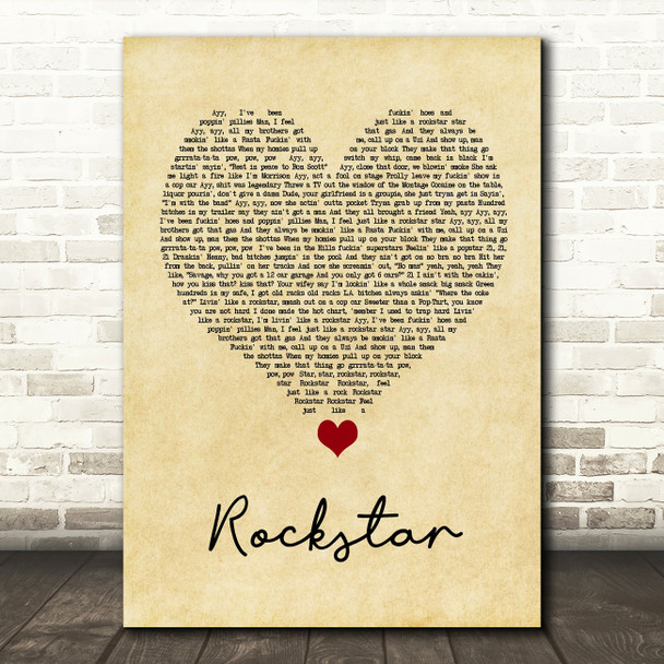 Post Malone Rockstar Vintage Heart Song Lyric Quote Music Print