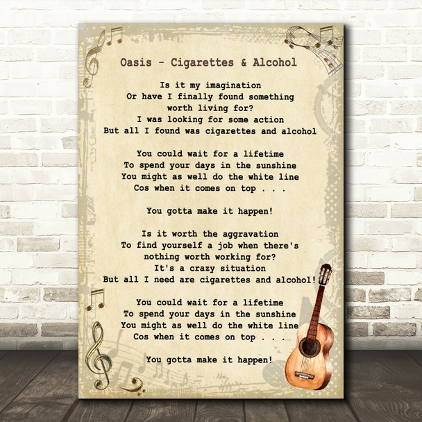 Oasis Cigarettes & Alcohol Song Lyric Vintage Quote Print