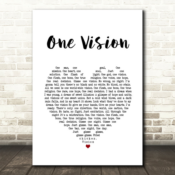 Queen One Vision White Heart Song Lyric Quote Music Print