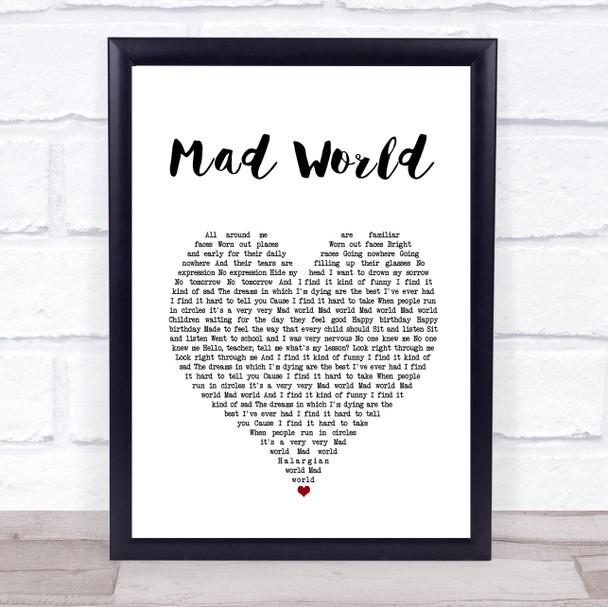Tears For Fears Mad World White Heart Song Lyric Quote Music Print