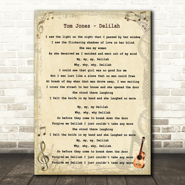 Tom Jones Delilah Vintage Guitar Song Lyric Quote Print