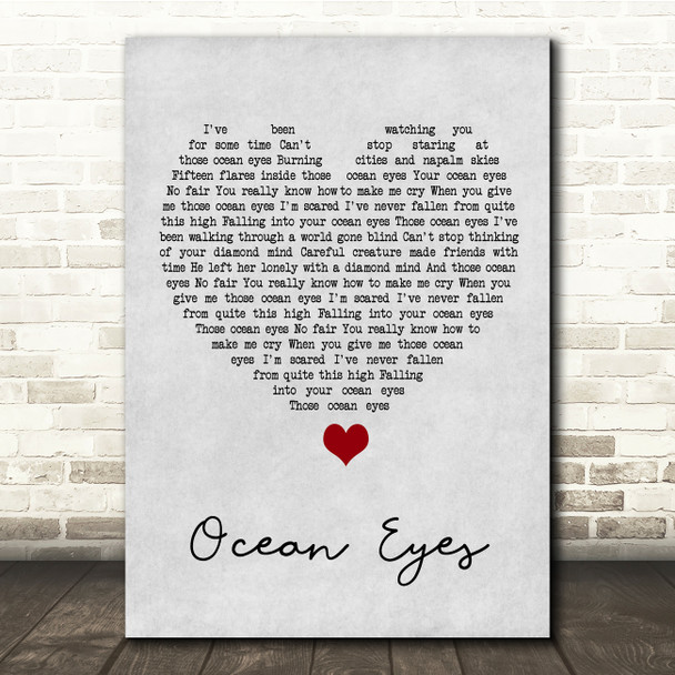 Billie Eilish Ocean Eyes Grey Heart Song Lyric Quote Music Print