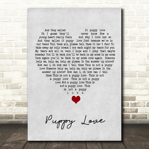 Donny Osmond Puppy Love Grey Heart Song Lyric Quote Music Print