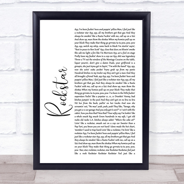 Post Malone Rockstar White Script Song Lyric Quote Music Print